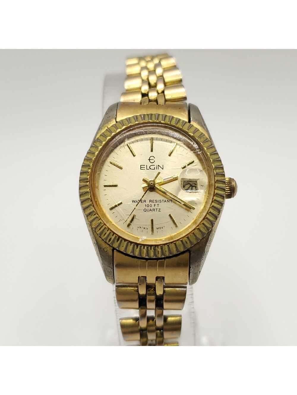 Vintage Elgin Quartz Womens Watch For Parts Or Repair Gold Tone Date Dial